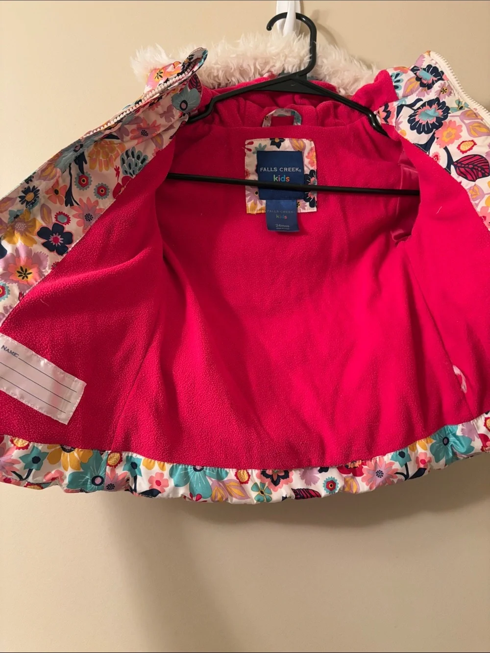 Girls Puffer Hooded Coat with Pink Floral Print Size 24M / 2T